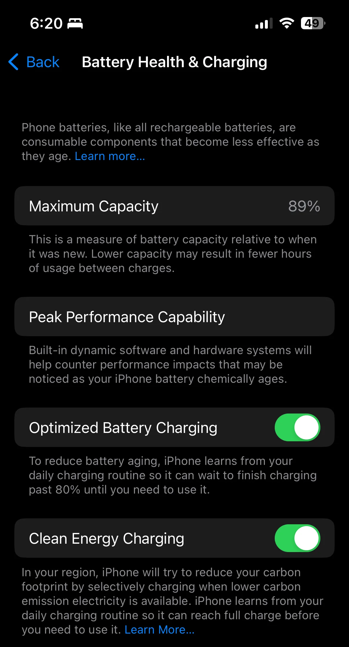Battery Health & Charging screen